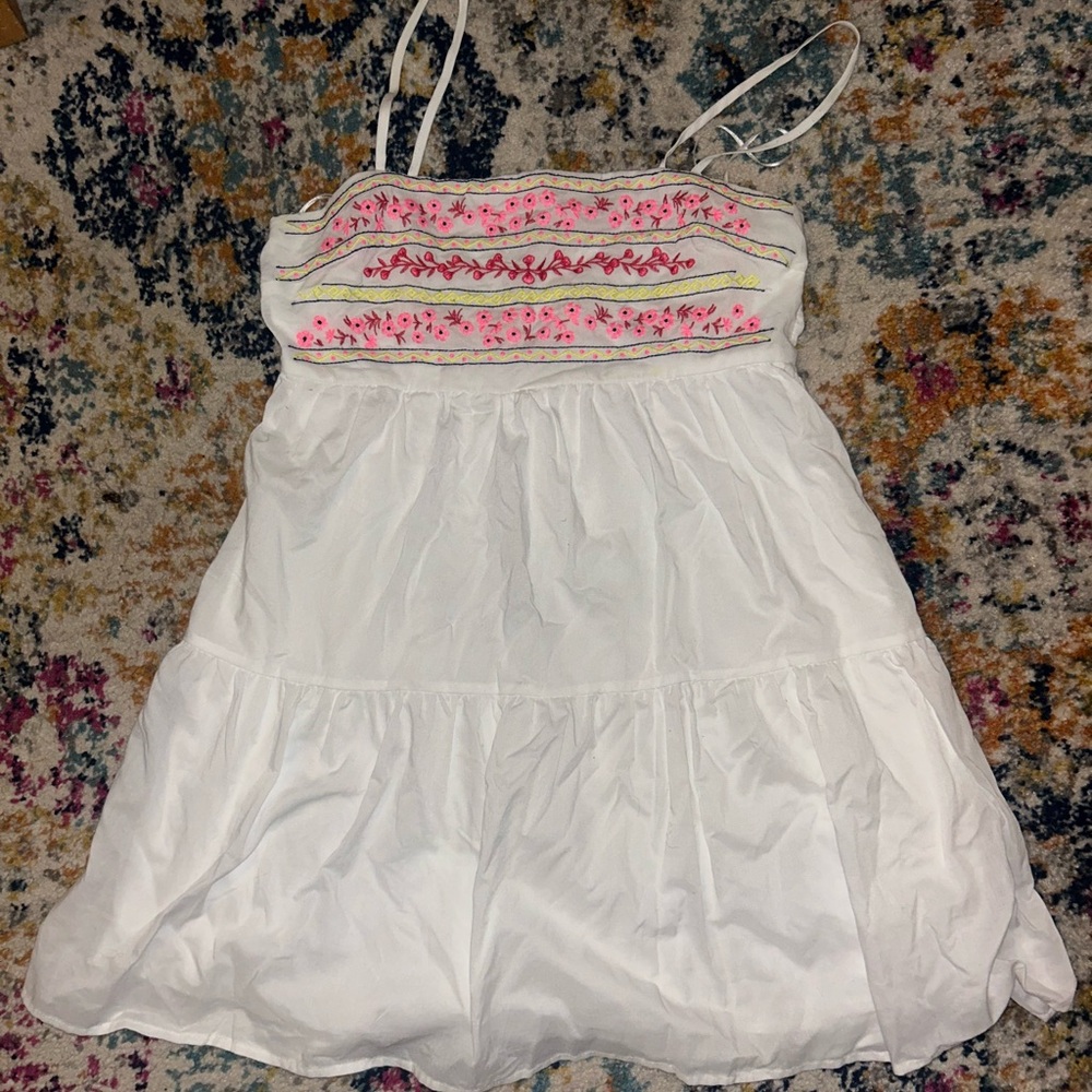 Francesca's Collections White and Pink Embroidered Mini Dress
